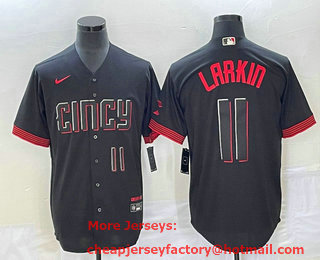 Men's Cincinnati Reds #11 Barry Larkin Number Black 2023 City Connect Cool Base Stitched Jersey 03