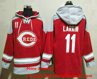 Men's Cincinnati Reds #11 Barry Larkin Red Ageless Must Have Lace Up Pullover Hoodie