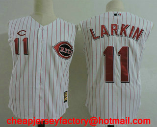 Men's Cincinnati Reds #11 Barry Larkin White Vest Pinstripe Stitched MLB Cooperstown Collection Jersey