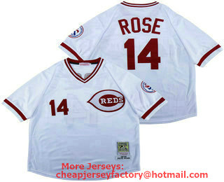 Men's Cincinnati Reds #14 Pete Rose White Mesh Batting Practice 1976 Throwback Jersey By Mitchell & Ness