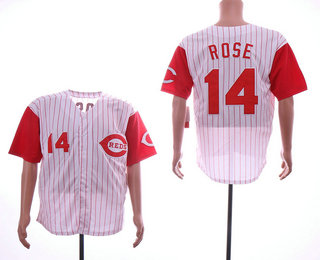 Men's Cincinnati Reds #14 Pete Rose White Pinstripe Throwback Stitched MLB Cooperstown Collection Jersey