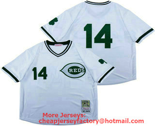 Men's Cincinnati Reds #14 Pete Rose White With Green Number Throwback Jersey By Mitchell & Ness