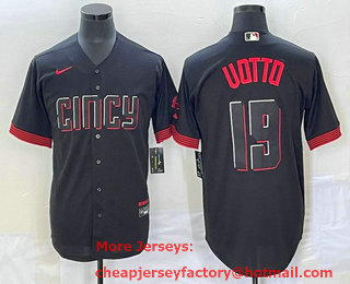 Men's Cincinnati Reds #19 Joey Votto Black 2023 City Connect Cool Base Stitched Jersey 01