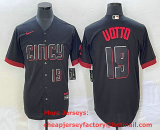 Men's Cincinnati Reds #19 Joey Votto Number Black 2023 City Connect Cool Base Stitched Jersey 01
