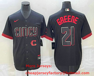 Men's Cincinnati Reds #21 Hunter Greene Black 2023 City Connect Cool Base Stitched Jersey 01