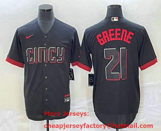 Men's Cincinnati Reds #21 Hunter Greene Black 2023 City Connect Cool Base Stitched Jersey 02