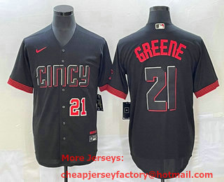 Men's Cincinnati Reds #21 Hunter Greene Number Black 2023 City Connect Cool Base Stitched Jersey 01