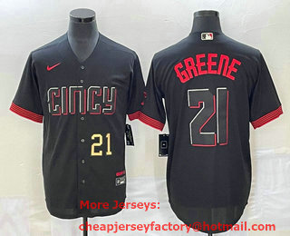Men's Cincinnati Reds #21 Hunter Greene Number Black 2023 City Connect Cool Base Stitched Jersey 02