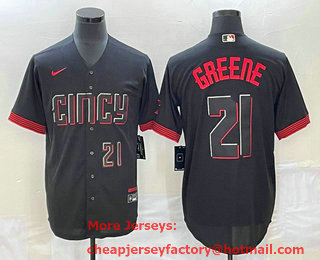 Men's Cincinnati Reds #21 Hunter Greene Number Black 2023 City Connect Cool Base Stitched Jersey 03