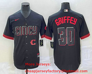 Men's Cincinnati Reds #30 Ken Griffey Jr Black 2023 City Connect Cool Base Stitched Jersey 01