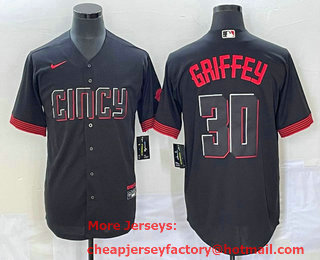 Men's Cincinnati Reds #30 Ken Griffey Jr Black 2023 City Connect Cool Base Stitched Jersey 02