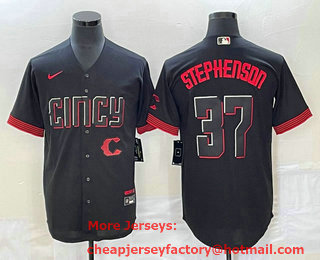 Men's Cincinnati Reds #37 Tyler Stephenson Black 2023 City Connect Cool Base Stitched Jersey 01