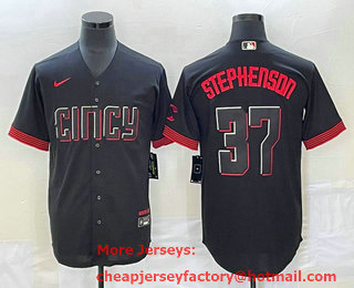 Men's Cincinnati Reds #37 Tyler Stephenson Black 2023 City Connect Cool Base Stitched Jersey 02