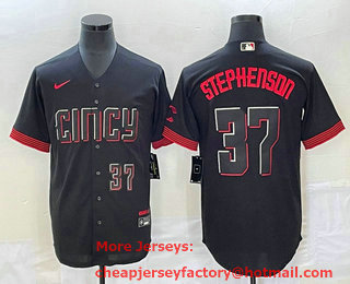 Men's Cincinnati Reds #37 Tyler Stephenson Number Black 2023 City Connect Cool Base Stitched Jersey 01