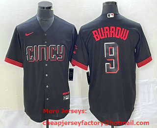 Men's Cincinnati Reds #9 Joe Burrow Black 2023 City Connect Cool Base Stitched Baseball Jersey 01