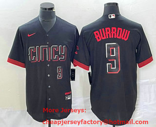 Men's Cincinnati Reds #9 Joe Burrow Number Black 2023 City Connect Cool Base Stitched Baseball Jersey 02