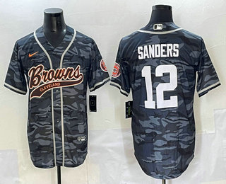 Men's Cleveland Browns #12 Shedeur Sanders Grey Camo With Patch Cool Base Stitched Baseball Jersey