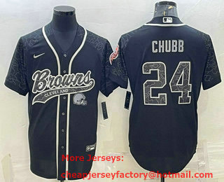 Men's Cleveland Browns #24 Nick Chubb Black Reflective With Patch Cool Base Stitched Baseball Jersey