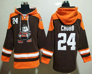 Men's Cleveland Browns #24 Nick Chubb Brown Ageless Must Have Lace Up Pullover Hoodie