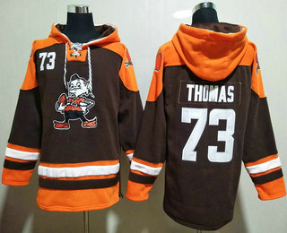 Men's Cleveland Browns #73 Joe Thomas Brown Ageless Must Have Lace Up Pullover Hoodie