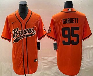 Men's Cleveland Browns #95 Myles Garrett Orange Stitched Cool Base Nike Baseball Jersey