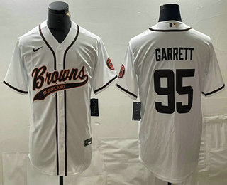 Men's Cleveland Browns #95 Myles Garrett White Stitched Cool Base Nike Baseball Jersey
