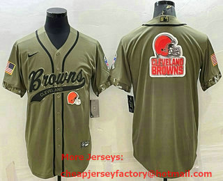 Men's Cleveland Browns Olive 2022 Salute To Service Team Big Logo Cool Base Stitched Baseball Jersey