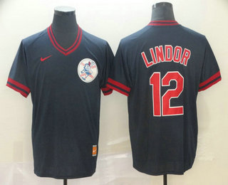 Men's Cleveland Indians #12 Francisco Lindor Navy Blue Nike Cooperstown Collection Legend V Neck Jersey