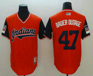 Men's Cleveland Indians #47 Trevor Bauer Navy Bauer Outage Red 2018 LLWS Players Weekend Stitched Nickname Jersey