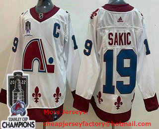 Men's Colorado Avalanche #19 Joe Sakic White 2021 Reverse Retro 2022 Stanley Cup Champions Stitched Jersey