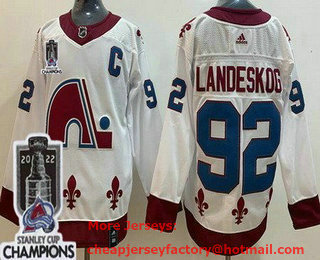 Men's Colorado Avalanche #92 Gabriel Landeskog White 2021 Reverse Retro 2022 Stanley Cup Champions Stitched Jersey