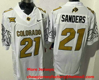 Men's Colorado Buffaloes #21 Shedeur Sanders White Gold With D Patch FUSE Vapor Stitched Jersey