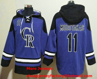 Men's Colorado Rockies #11 Mike Moustakas Purple Ageless Must Have Lace Up Pullover Hoodie