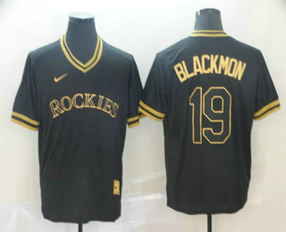 Men's Colorado Rockies #19 Charlie Blackmon Black Gold Nike Cooperstown Legend V Neck Jersey