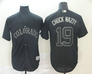 Men's Colorado Rockies #19 Charlie Blackmon Chuck Nazty Black 2019 Players' Weekend Stitched Nickname Jersey