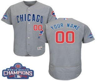 Men's Customized MLB Majestic Chicago Cubs 2016 World Series Champions Flex Base Authentic Grey Jersey