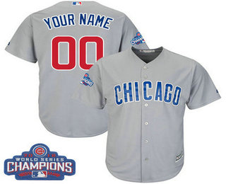Men's Customized MLB Majestic Road Chicago Cubs 2016 World Series Champions Cool Base Grey Jersey