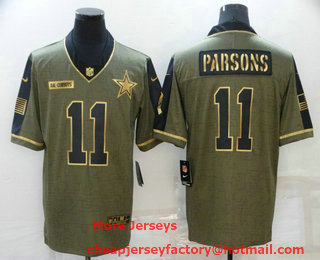 Men's Dallas Cowboys #11 Micah Parsons 2021 Olive Salute To Service Golden Limited Stitched Jersey