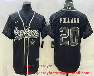 Men's Dallas Cowboys #20 Tony Pollard Black Reflective With Patch Cool Base Stitched Baseball Jersey