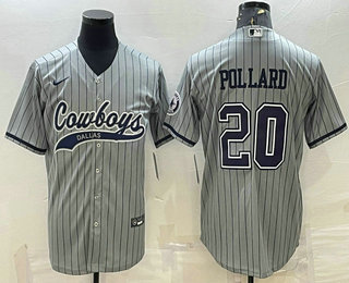Men's Dallas Cowboys #20 Tony Pollard Grey Pinstripe With Patch Cool Base Stitched Baseball Jersey