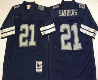 Men's Dallas Cowboys #21 Deion Sanders Navy Blue Throwback Jersey by Mitchell & Ness