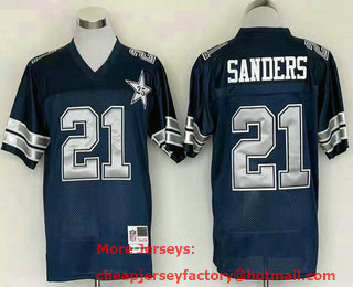 Men's Dallas Cowboys #21 Deion Sanders Navy Blue With 25TH Patch Throwback Stitched Jersey