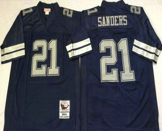 Men's Dallas Cowboys #21 Deion Sanders Navy Blue With Silver Throwback Jersey by Mitchell & Ness