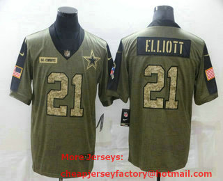 Men's Dallas Cowboys #21 Ezekiel Elliott 2021 Olive Camo Salute To Service Limited Stitched Jersey