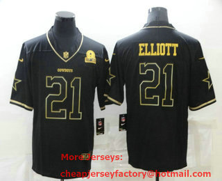 Men's Dallas Cowboys #21 Ezekiel Elliott Black 60th Seasons Patch Golden Edition Stitched NFL Nike Limited Jersey