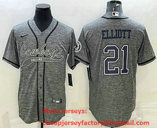 Men's Dallas Cowboys #21 Ezekiel Elliott Grey Gridiron With Patch Cool Base Stitched Baseball Jersey
