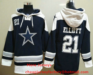 Men's Dallas Cowboys #21 Ezekiel Elliott Navy Blue Ageless Must Have Lace Up Pullover Hoodie