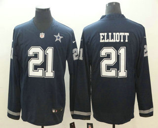 Men's Dallas Cowboys #21 Ezekiel Elliott Nike Navy Therma Long Sleeve Limited Jersey