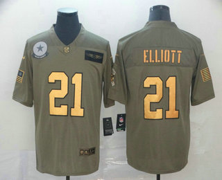 Men's Dallas Cowboys #21 Ezekiel Elliott Olive Gold 2019 Salute To Service Stitched NFL Nike Limited Jersey
