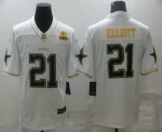 Men's Dallas Cowboys #21 Ezekiel Elliott White 60th Patch Golden Edition Stitched NFL Nike Limited Jersey